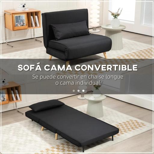 Sillón Cama Plegable con Respaldo Ajustable en 6 Posiciones Almohada Acolchada Carga 350 kg 94x78x80 cm Negro [5]
