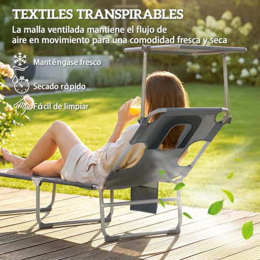 Set de 2 Tumbonas Plegables Reclinables con Dosel 360° Orificio Facial Bolsillo Lateral y Textilene 550 g/m² Gris [5]