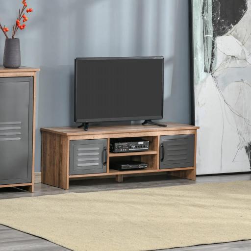 Mueble de TV para Televisores de 42" con 2 Compartimentos Cerrados con Puertas de Metal y 2 Estantes Abiertos Mueble de salón moderno Mesa para televisor 109x35x38 cm Madera Natural y Gris