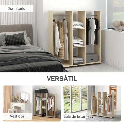 Armario para Ropa con Barra Estantes Abiertos Organizador para Colgar Ropa de Dormitorio 120x40x128 cm Natural [8]