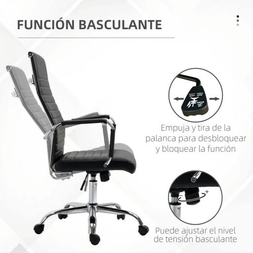 Silla de Escritorio Giratoria Silla de Oficina con Respaldo Alto Ruedas Giratorias Altura Ajustable Función Basculante y Reposabrazos Tapizado en Cuero Sintético Negro [5]