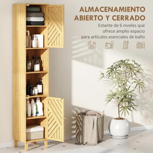 Columna de Baño Estrecha con Puertas y Patas de Bambú Estantes Ajustables Compartimento Abierto 32x30x170 cm Natural [2]