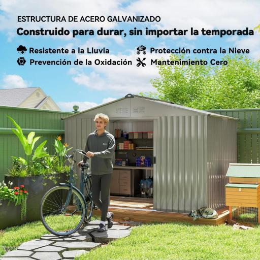 Cobertizo de Jardín 4,9 m² 277x195x192 cm con 2 Puertas Corredizas Techo Inclinado y 4 Ventanas Gris Plata [3]