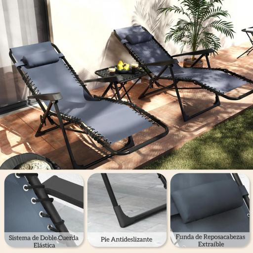 Set de 2 Tumbonas Jardín Exterior Plegables de Gravedad Cero con Mesa Auxiliar con Portavasos Reposacabezas Gris [6]