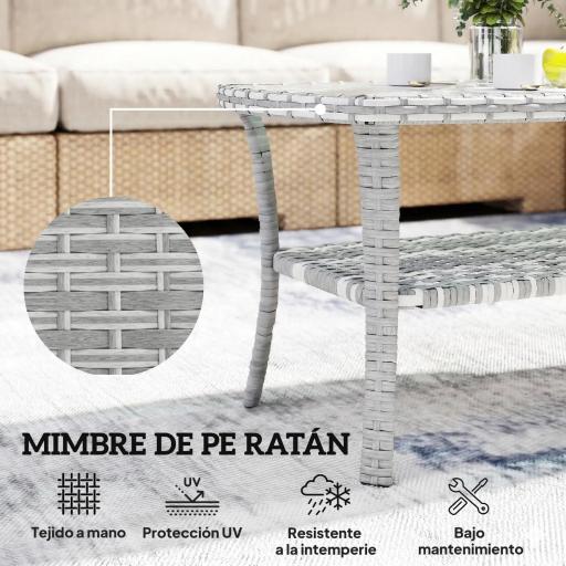 Mesa de Jardín Exterior Rectangular de Ratán con Estante Tablero de Vidrio Templado con Ondas 90x50x45 cm Gris Oscuro [6]
