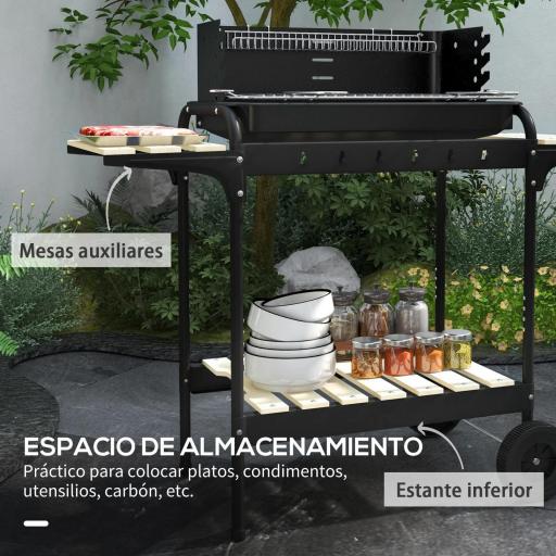 Barbacoa de Carbón con Ruedas Parrilla Ajustable en Altura Estantes y 6 Ganchos 103x47x95 cm Negro [4]