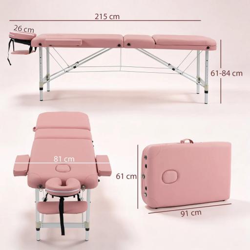 Camilla Masaje Plegable de Aluminio con Altura Ajustable 3 Zonas Reposacabezas Extraíble Bolsa de Transporte Rosa [1]