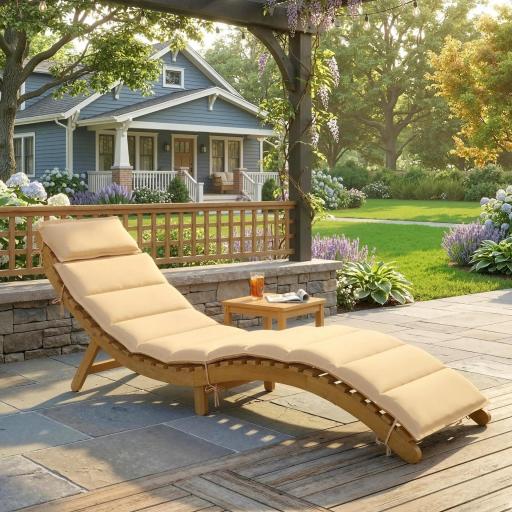 Tumbona Plegable de Madera de Acacia con Cojín Reposacabezas Asa de Transporte para Jardín Terraza 183x54x63 cm Beige