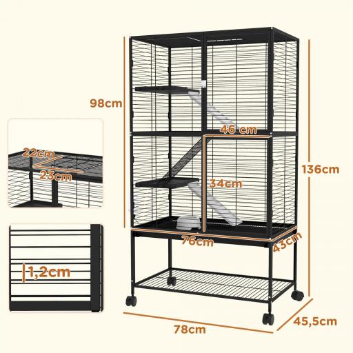 Jaula para Animales Pequeños de 4 Niveles con Ruedas Rampa Comedero Bebedero y Bandeja Extraíble 78x45,5x136 cm Negro [1]