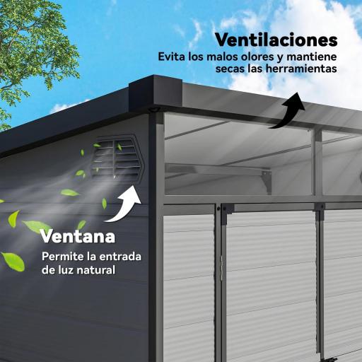 Caseta de Jardín Exterior 190x191x215 cm con Puerta Corredera Ventana y Ventilación para Almacenar Herramientas Gris [4]