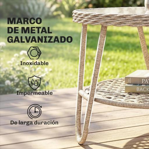 Mesa de Jardín Exterior de Ratán Mesita Auxiliar de Jardín con Estante Tablero de Vidrio Templado 65x65x50 cm Amarillo [5]