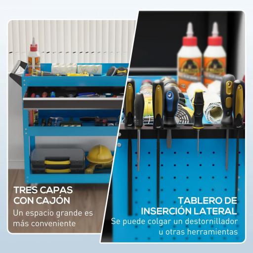 Carro de Taller Carro de Herramientas con 3 Bandejas y Cajón Ruedas con Frenos Asa Lateral Panel Lateral Perforado Azul [5]
