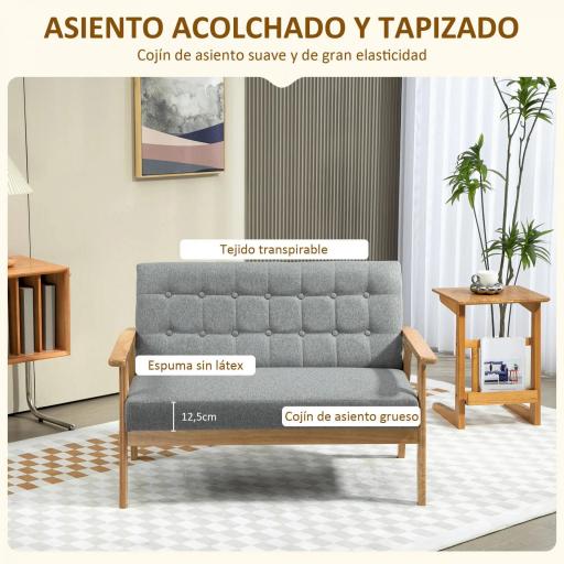Sofá de 2 Plazas Tapizado en Lino con Reposabrazos de Madera Respaldo Acolchado Carga 250 kg Gris Claro [2]