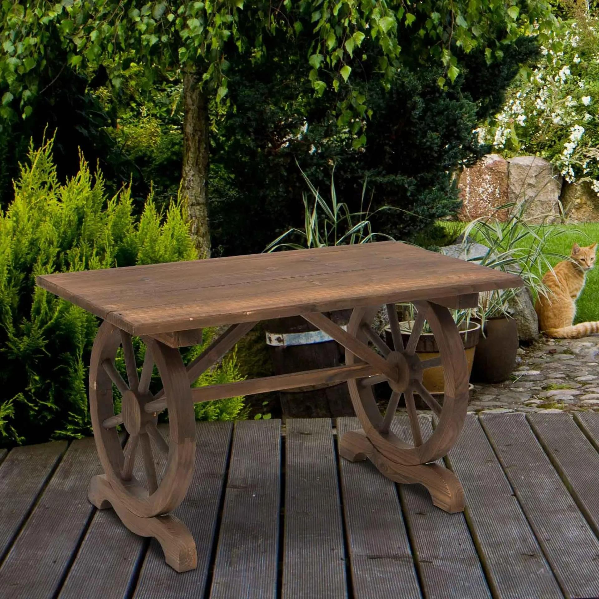 Mesa de Jardín de Madera de Abeto con Patas en Forma de Rueda para Exterior e Interior 110x60x65 cm Acabado Carbonizado