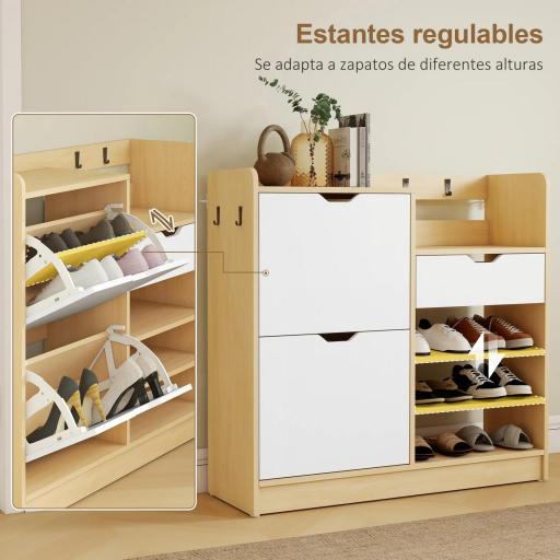 Zapatero Entrada Recibidor con Cajón Estantes Abiertos 4 Ganchos para 14 Pares de Zapatos Natural y Blanco [4]