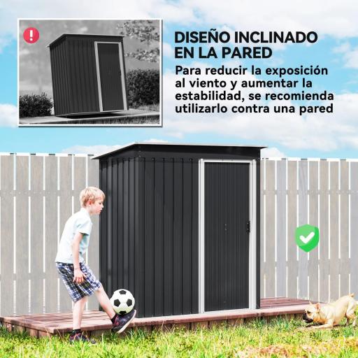 Cobertizo de Jardín Exterior 1,16 m² 163x89x182 cm Caseta Metálica con Puerta Corredera y Techo Inclinado Negro [4]