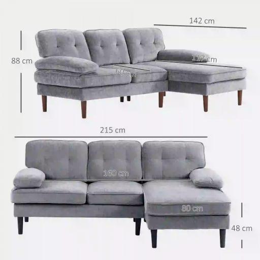Sofá Esquinero de 3 Plazas Tapizado en Chenilla en Forma de L con Patas de Madera y Reposabrazos 215x142x88 cm Gris [1]