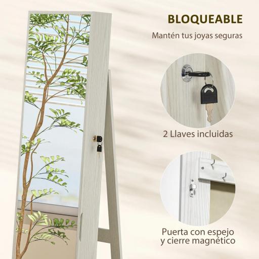 Armario Joyero con Luces LED y Cerradura Espejo Integrada Blanco con Veta de Madera [7]