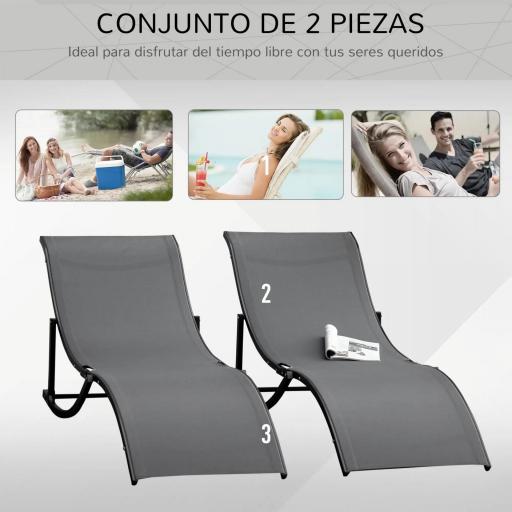  2 Tumbonas Plegables con Marco de Aluminio en Forma de S Carga de 120 kg para Piscina Terraza 165x61x63 cm Gris Oscuro [2]