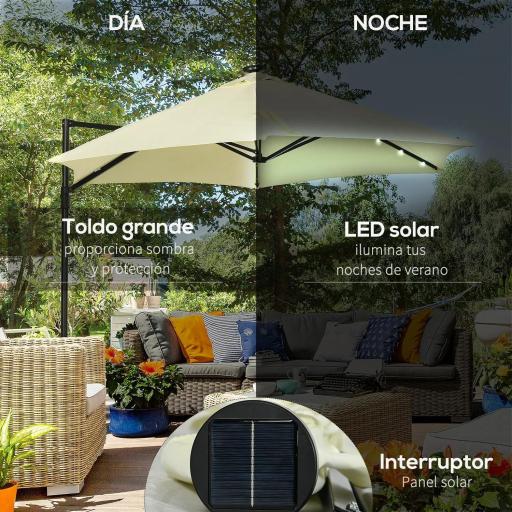 Parasol de Terraza Manual Ø256x248 cm con Luces LED Solares Poste Giratorio 360° y Ventilación Superior Beige [5]