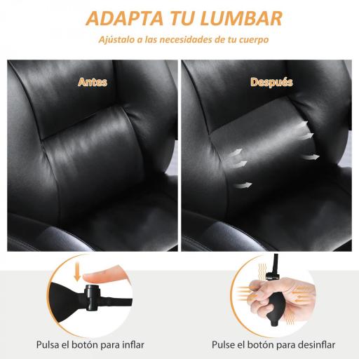 Silla de Escritorio con Soporte Lumbar Inflable Tapizada en PU Reposapiés Respaldo Reclinable Altura Ajustable Negro [2]