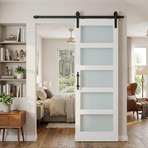 Puerta Corredera Interior 71x213 cm con Kit de Montaje, MDF y Vidrio Esmerilado, Riel y Herrajes, Blanco [7]