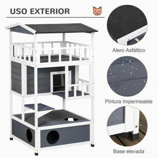 Caseta para Gatos de Madera 75,5x75x137 cm con Techo Asfáltico Plataformas para Interior y Exterior Gris [4]