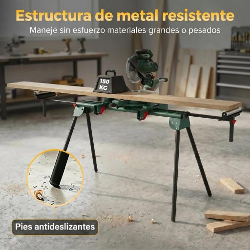 Soporte Sierra Ingletadora Universal con Rodillos Extensibles 94-195 cm Ajustable y Plegable Carga 150 kg Verde [4]