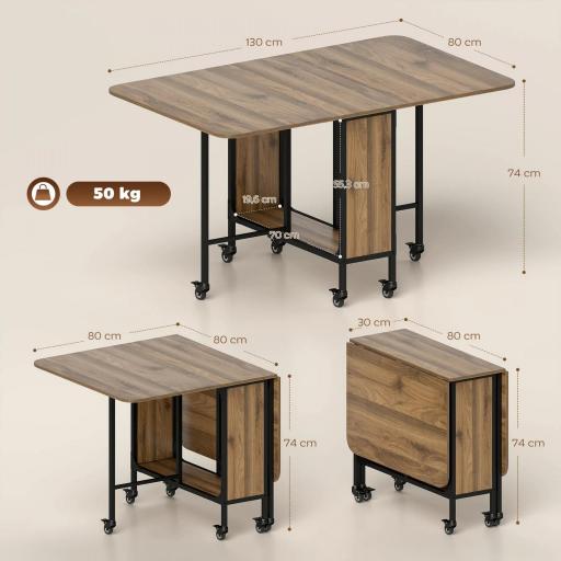 Mesa de Cocina Plegable con Ruedas Alas Abatibles y Estante Mesa Plegable para Salón 130x80x74 cm Marrón [1]
