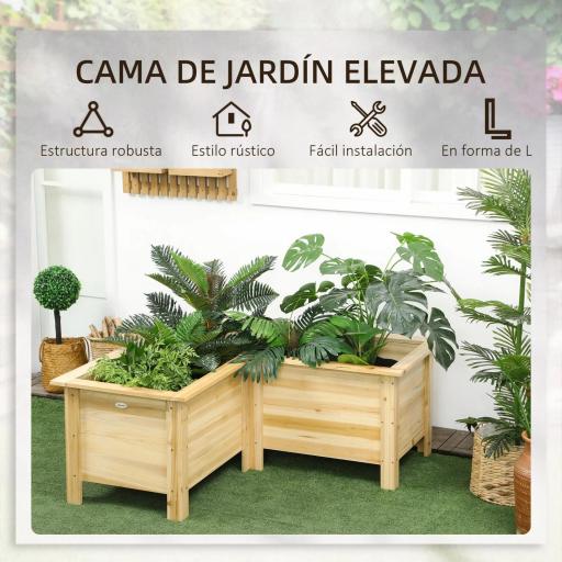 Jardinera Elevada de Madera Macetero Exterior en Forma de L con Tela no Tejido Huerto Urbano 120x120x50 cm Natural [3]