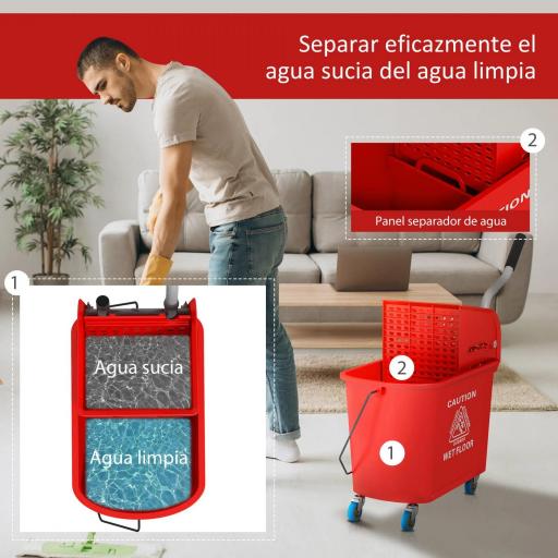 Cubo de Fregar 20L con Ruedas y Escurridor Cubo para Fregona con Separador de Agua 60x27x70,5 cm Rojo [4]