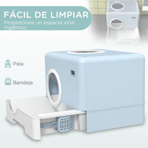 Arenero para Gatos Cubierto con Pala Bandeja Extraíble Entrada Frontal y Salida Superior 52x41x38,5 cm Azul [3]