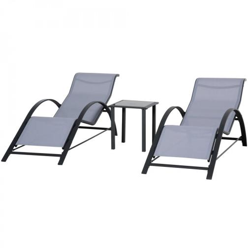  2 Tumbonas de Jardín 59x169x66 cm con Mesa de Centro 41x41x45 cm de Vidrio Reposabrazos para Patio Piscina Terraza Gris [9]
