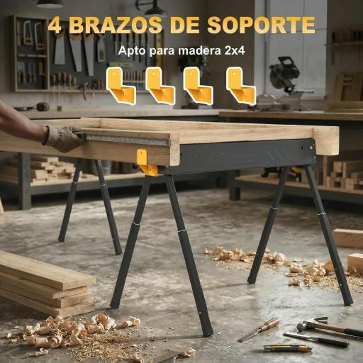 Set de 2 Caballetes para Sierra Plegables Altura Ajustable para Madera 2x4 con Asa Ganchos Soporta hasta 500 kg Negro [3]
