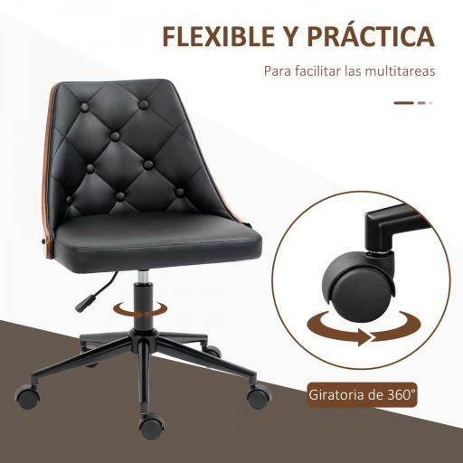 Silla de Oficina con Altura Ajustable y Basculante para Dormitorio Oficina 53x62x77-87 cm Negro y Madera [4]