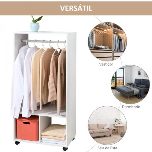 Armario Abierto con Ruedas Barra y Estantes para tener Ropa Colgada y Doblada 60x40x128 cm Blanco [2]