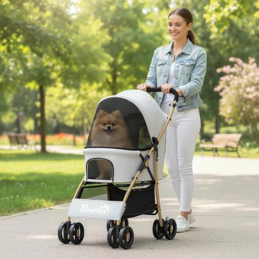 Carrito para Mascotas con 2 Puertas Ventana de Malla Cesta de Almacenamiento Cuerda de Seguridad 80x44,5x97 cm Gris Claro