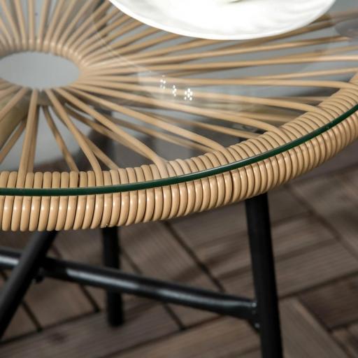 Mesa Auxiliar de Ratán Sintético Redonda para Exteriores con Encimera de Vidrio Templado Ø50x50 cm Beige [6]
