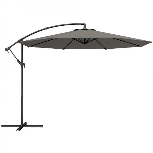 Parasol Excéntrico Ø300 cm con Base Cruzada Toldo Ajustable y Manivela UPF30+ para Terraza Patio Gris [7]