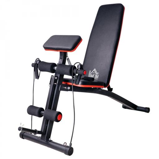 Banco de Musculación Plegable, Banco de Pesas, Respaldo Inclinable de 7 Niveles, Extensión de Pierna, Cojín de Predicador, Banda de Resistencia, para Entrenamiento Completo, Casa Gimnasio, Rojo [2]