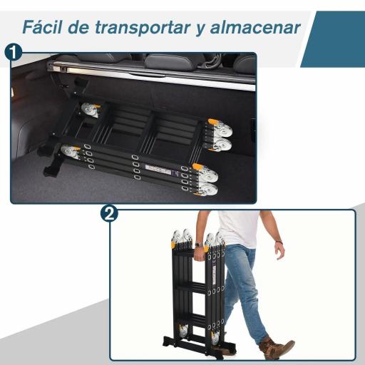 Escalera Multiusos Plegable Escalón Caballete 5 en 1 Portátil con 2 Placas de Plataforma Pie Antideslizante 6 Interruptores Bisagra Aluminio 150 kg 370x61x11 cm Negro [8]