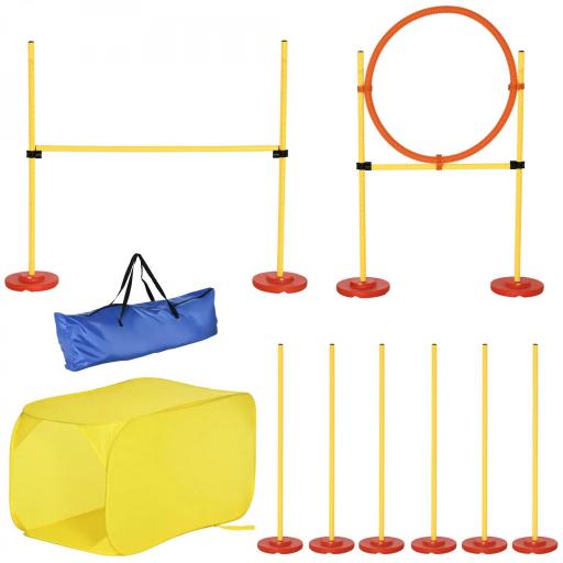 Conjunto 4 Obstáculos de Entrenamiento para Perro Set de Agilidad para Mascotas Estable Altura Ajustable de Aro con Túnel Postes y Bolsa Transporte Amarillo [9]