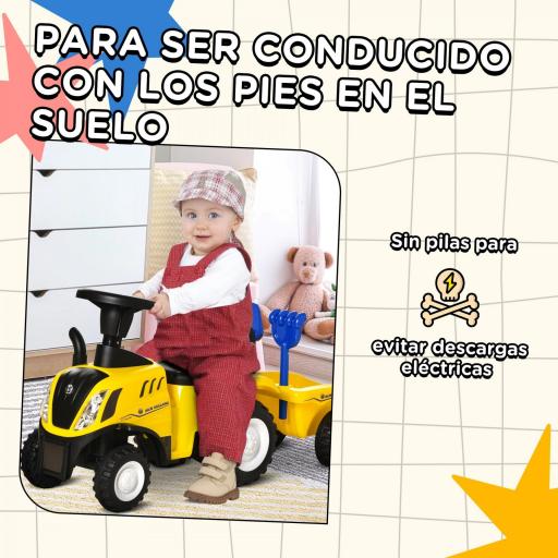 Tractor para Niños de 12-36 Meses con Remolque Extraíble Coche Correpasillos con Bocina Faros Pala Asiento de Suelo 25 cm y Rastrillo Carga 25 kg 91x29x44 cm Amarillo [1]