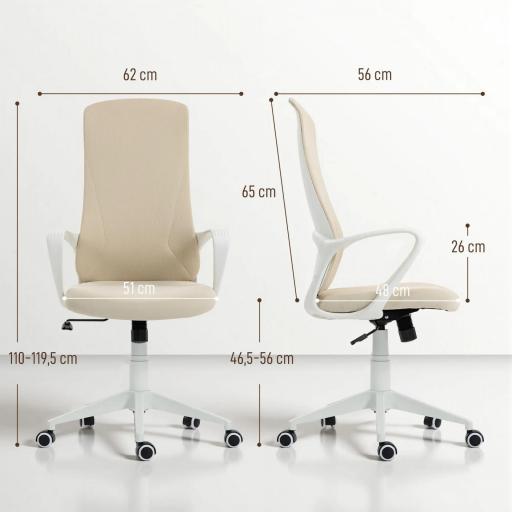 Silla de Oficina Giratoria Altura Ajustable con Reposabrazos Función de Basculante Respaldo Alto 62x56x110-119,5cm Beige [1]
