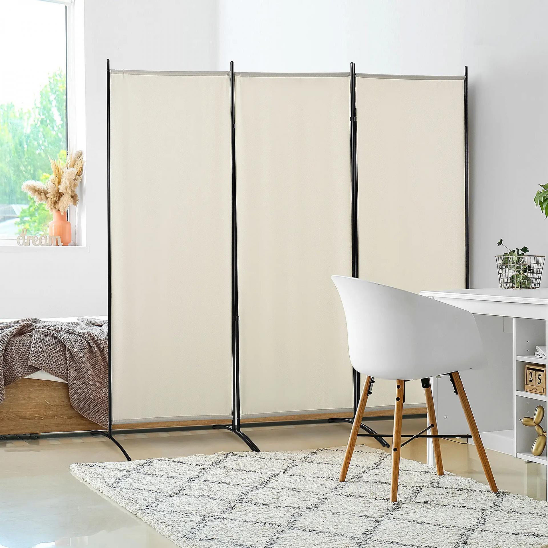 Biombo Separador de Ambientes de 3 Paneles 253x50x182 cm Divisor de Habitación Plegable con 6 Pies de Metal Beige