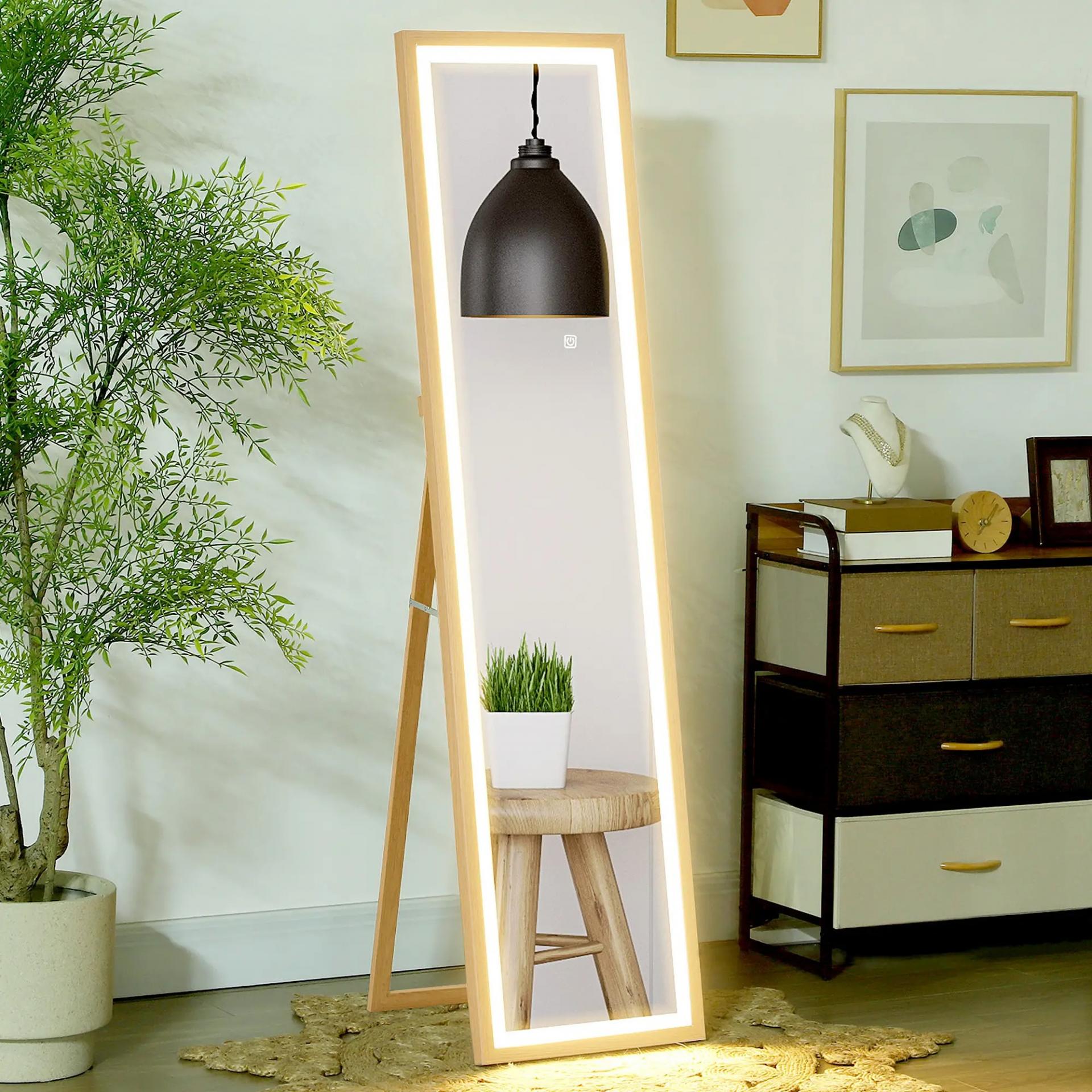 Espejo de Cuerpo Entero con Luz LED 160x40 cm con Iluminación de 3 Colores Táctil Inteligente Función de Memoria Roble