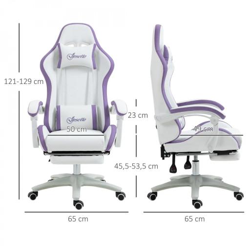 Silla Gaming Silla Gamer de Cuero PU Altura Ajustable Reclinable 135° Reposacabezas y Reposapiés 65x65x121-129 cm Blanco [1]