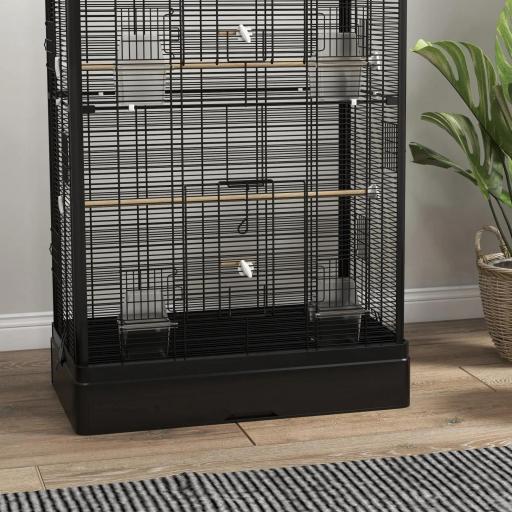 Jaula para Pájaros 61x36,5x98 cm con 8 Puertas 5 Perchas Bandeja Extraíble y 4 Comederos para Periquitos Pinzones Negro [7]