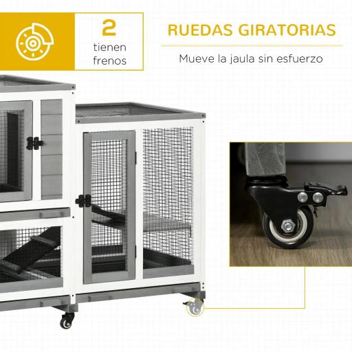 Jaula para Conejos 2 Niveles de Madera con 6 Ruedas 2 Escaleras 3 Bandejas Extraíbles y Zona Abierta 110x50x86 cm Gris [3]