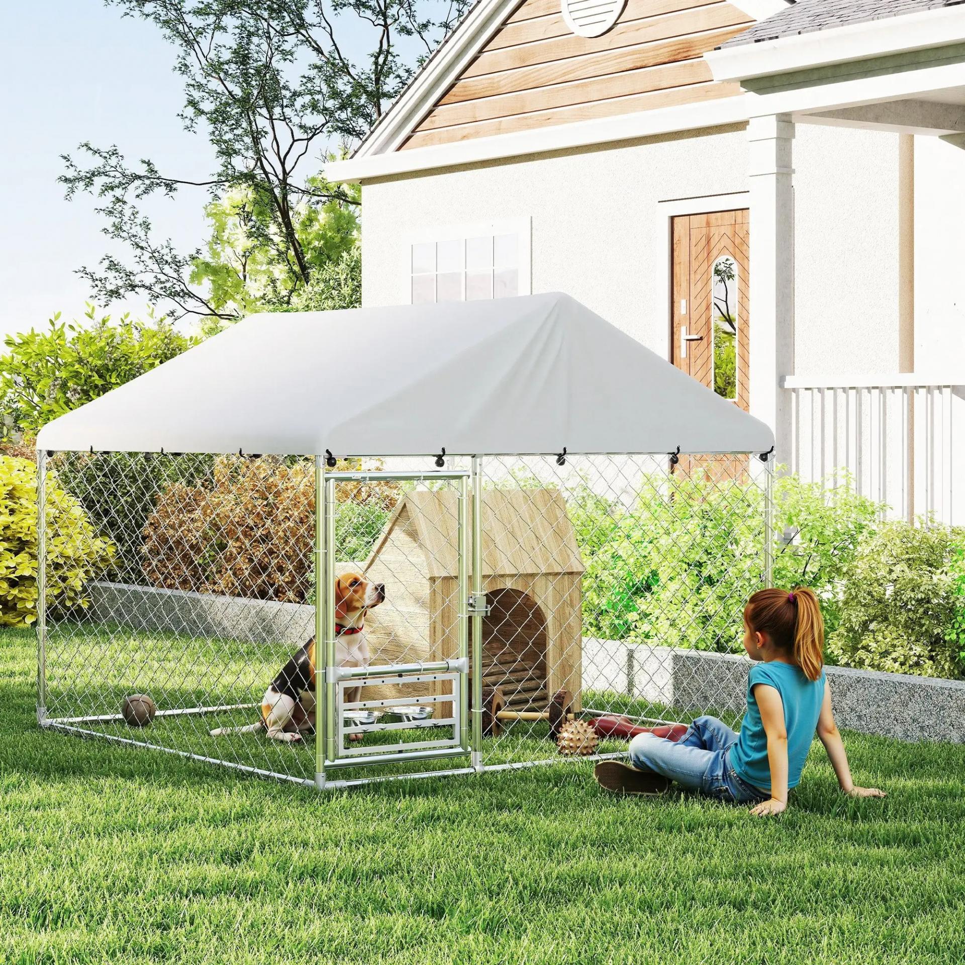 Perrera de Acero Galvanizado con Toldo Resistente y Estación de Alimentación para Perros 200x200x154 cm Plata